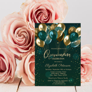 Chic Stylish Gold Green Balloons Green Quinceañera Invitation