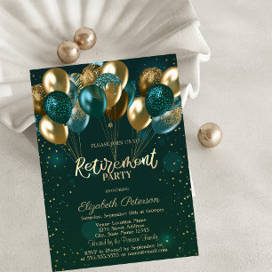Chic Stylish Gold Green Balloons Green Retirement Invitation
