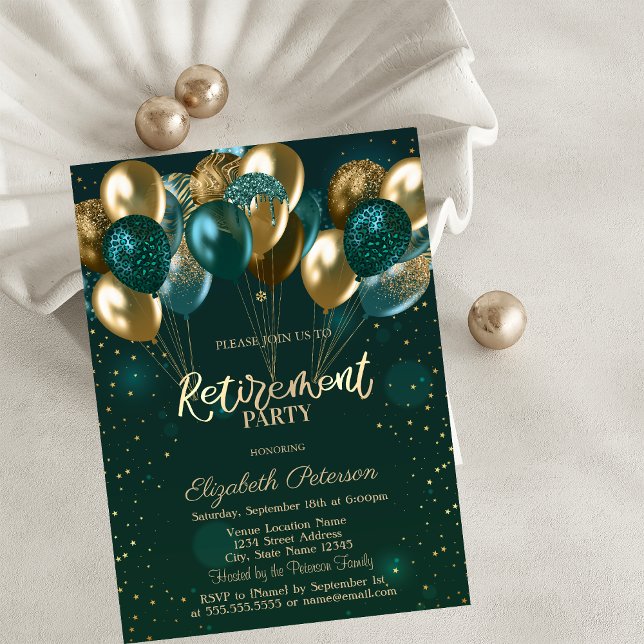 Chic Stylish Gold Green Balloons Green Retirement Invitation (Creator Uploaded)