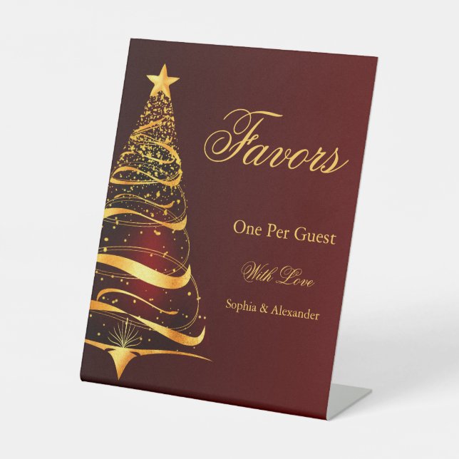 Chic Stylish Golden Christmas Tree favours Wedding Pedestal Sign (Front)