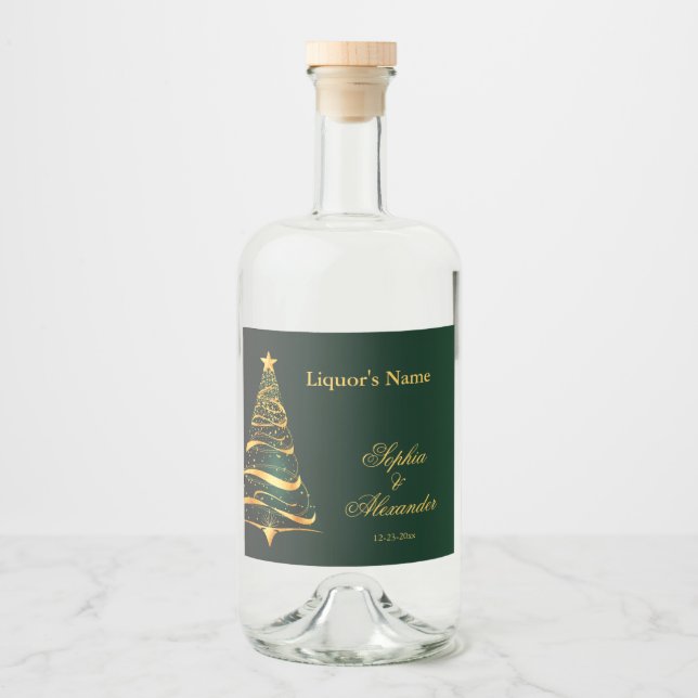 Chic Stylish Golden Christmas Tree Wedding Liquor Bottle Label (Front)