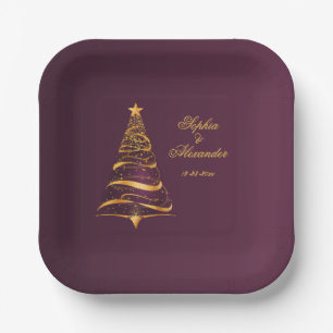 Chic Stylish Golden Christmas Tree Wedding Paper Plate