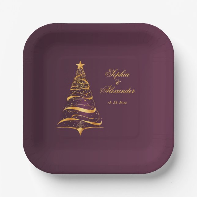 Chic Stylish Golden Christmas Tree Wedding Paper Plate (Front)