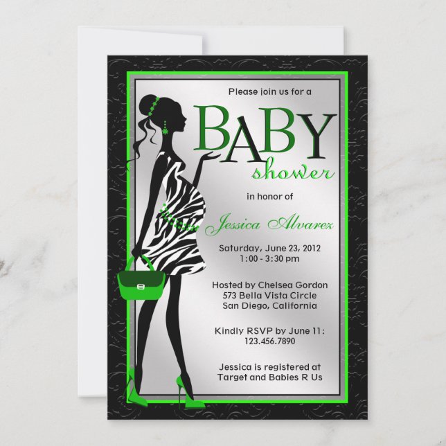 Chic Stylish Modern Mum Green Zebra Baby Shower Invitation (Front)
