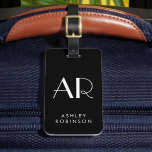 Chic Stylish Two Monogram Initial and Name Black  Luggage Tag