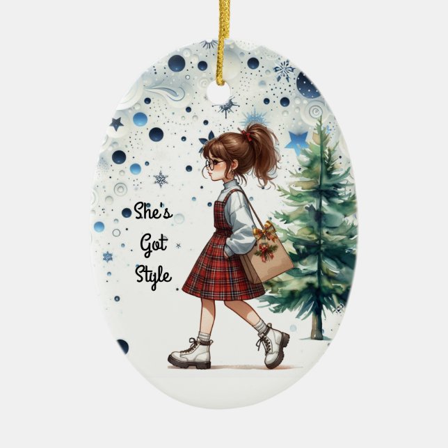 Chic Stylish Young Brunette Fashion Personalised  Ceramic Ornament (Front)
