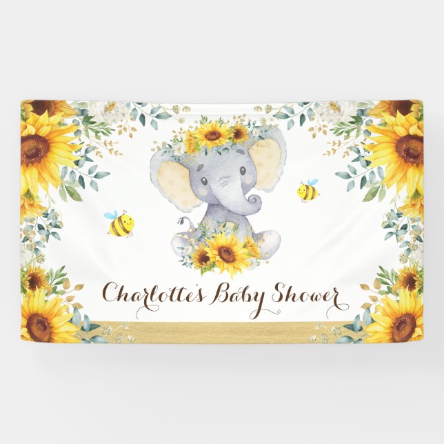 Chic Summer Sunflower Elephant & Bees Baby Shower Banner (Horizontal)
