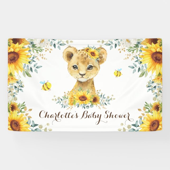 Chic Summer Sunflower Lion Cub & Bees Baby Shower Banner (Horizontal)