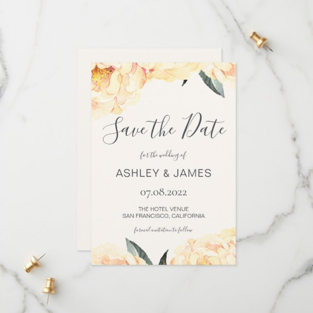 Chic Summer Yellow Peony Calligraphy Save the Date (Front/Back In Situ)