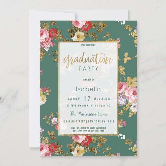 Chic summery green pink gold floral Graduation Invitation (Front)