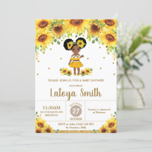 Chic Sunflower African American Girl Baby Shower  Invitation