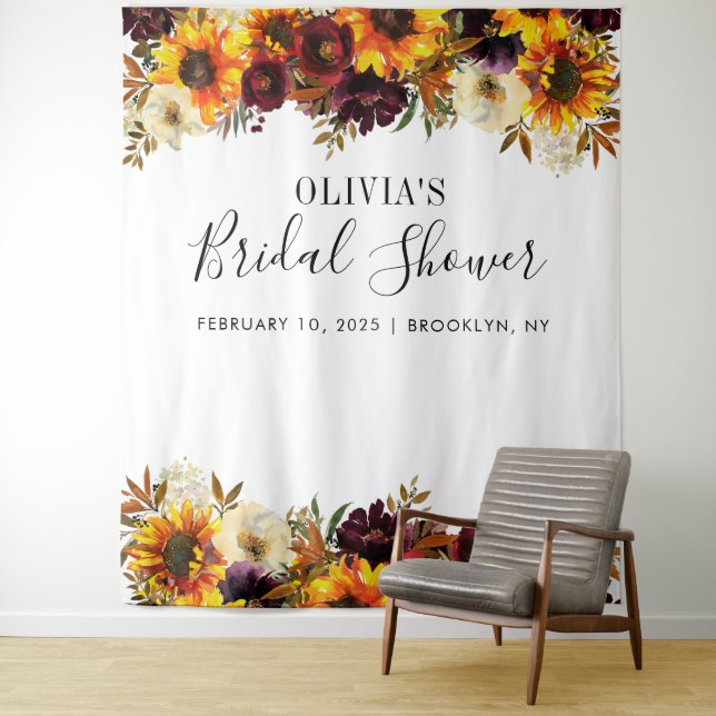 Chic Sunflower Bridal Shower Photo Booth Backdrop Tapestry (In Situ)