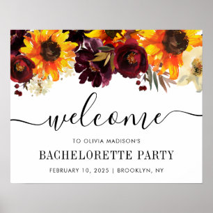 Chic Sunflower Burgundy Bachelorette Party Welcome Poster