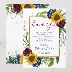 Chic Sunflower Burgundy Navy Blue Floral Thank You Card