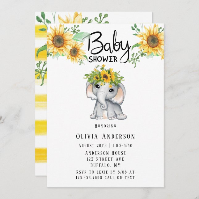 Chic Sunflower Elephant Girl Baby Shower Invitation (Front/Back)