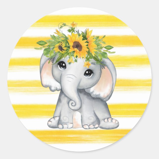 Chic SunFlower Elephant Stripes Baby Shower Classic Round Sticker (Front)