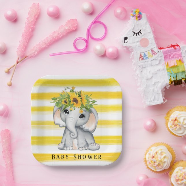 Chic Sunflower Elephant Stripes Baby Shower Paper Plate (Party)