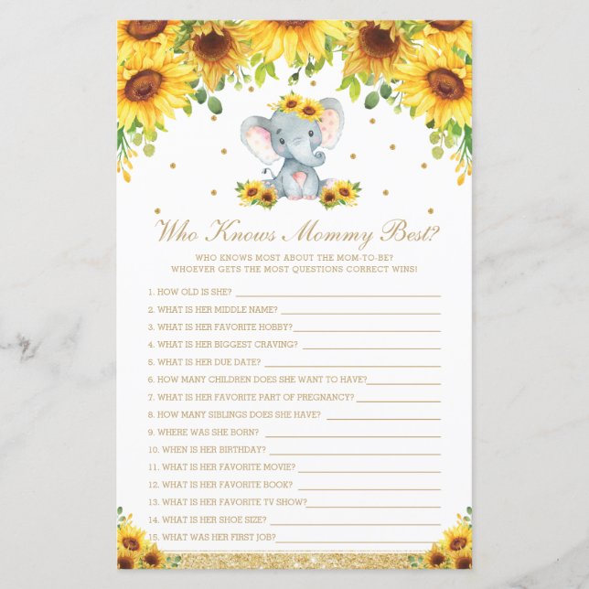 Chic Sunflower Elephant Who Knows Mummy Best Game (Front)