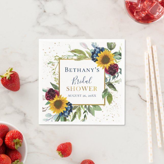 Chic Sunflower Floral Gold Glitter Bridal Shower Napkin (Insitu)