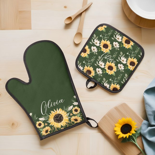 Chic Sunflower Floral Pattern Custom Script Name Oven Mitt & Pot Holder Set (Chic Sunflower Floral Pattern Custom Script Name Oven Mitt & Pot Holder Set)