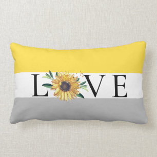 Chic Sunflower Grey Yellow  Wedding Love Lumbar Cushion