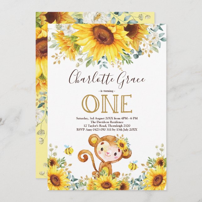Chic Sunflower Monkey Greenery Gold 1st Birthday Invitation (Front/Back)