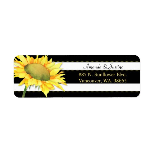 Chic Sunflower on Black n White Stripes Wedding Return Address Label
