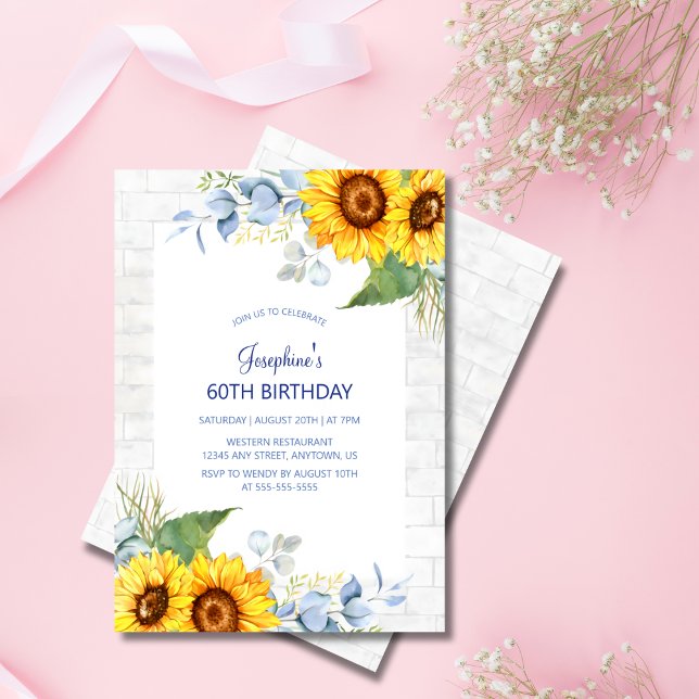 Chic Sunflower White Grey Brick Floral Birthday Invitation (Creator Uploaded)