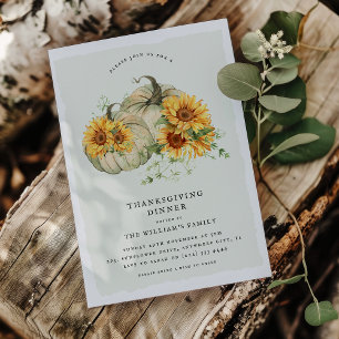 Chic Sunflower White Pumpkins Thanksgiving Dinner Invitation