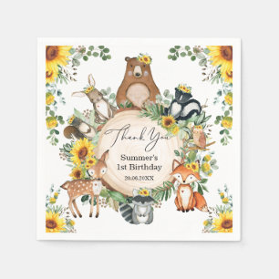 Chic Sunflower Woodland Animals Baby Girl Birthday Napkin