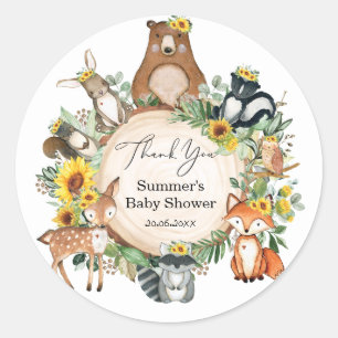 Chic Sunflower Woodland Animals Baby Girl Shower Classic Round Sticker