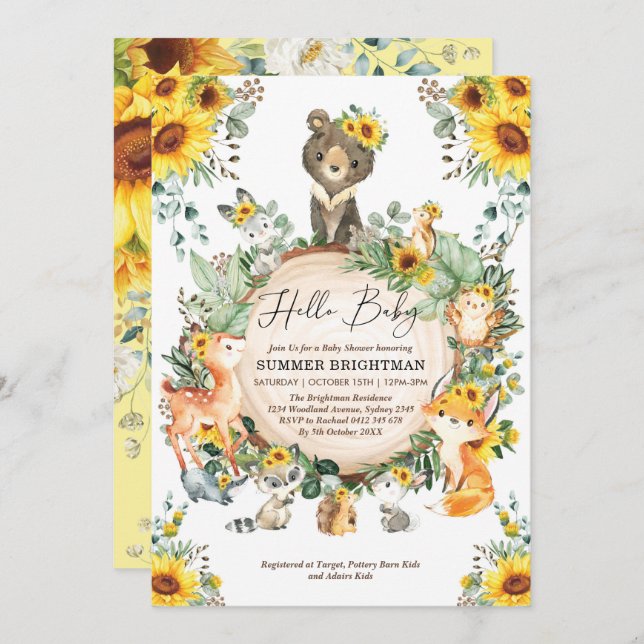 Chic Sunflower Woodland Forest Animals Baby Shower Invitation (Front/Back)