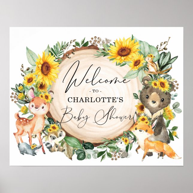 Chic Sunflower Woodland Forest Baby Shower Welcome Poster (Front)