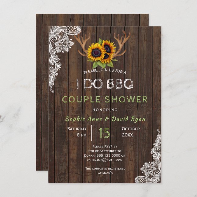 Chic Sunflowers Antlers I DO BBQ Couple Shower Invitation (Front/Back)