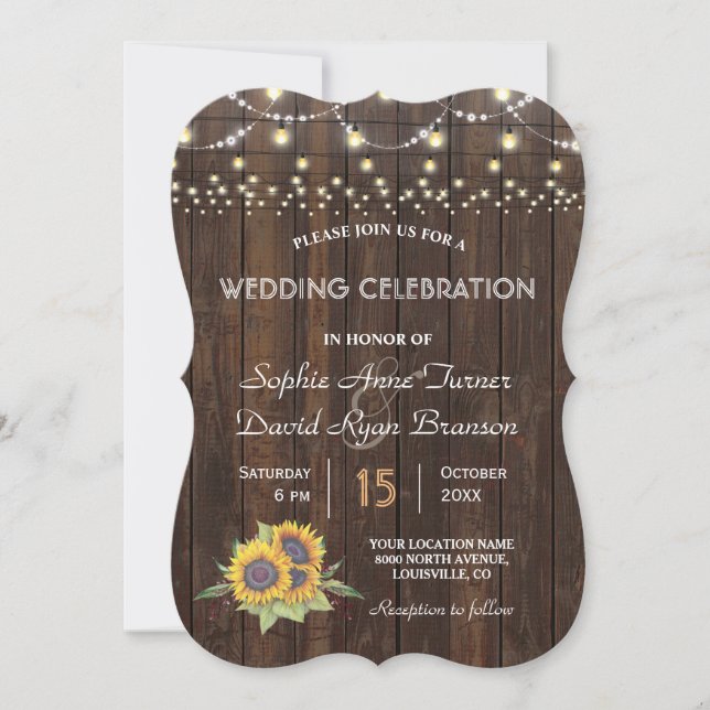 Chic Sunflowers String Lights Old Wood Wedding Invitation (Front)