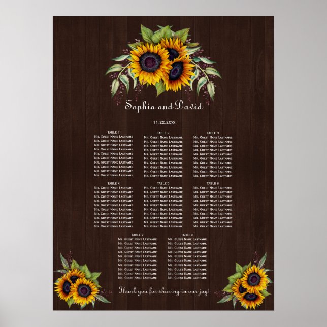 Chic Sunflowers Wood Wedding Seating Chart (Front)