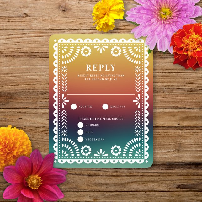Chic Sunset Gradient Papel Picado Wedding Reply RSVP Card (Creator Uploaded)