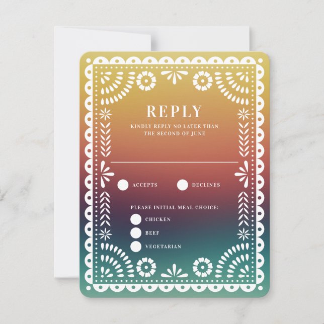Chic Sunset Gradient Papel Picado Wedding Reply RSVP Card (Front)