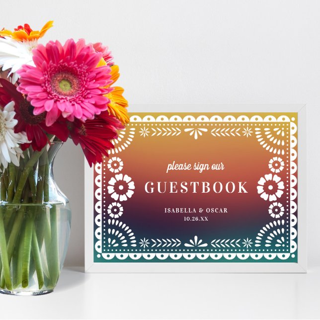 Chic Sunset Papel Picado Wedding Guestbook Sign (Creator Uploaded)