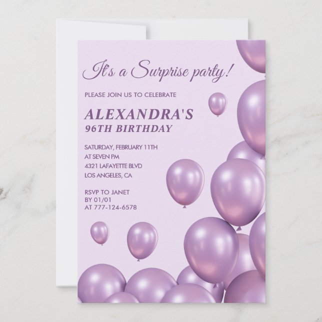 Chic Surprise Purple 96th birthday invitations  (Front)