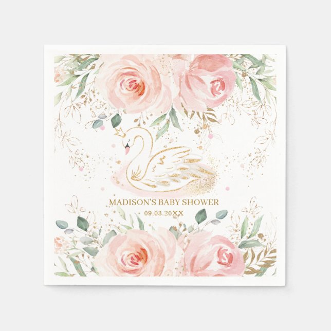 Chic Swan Blush Pink Floral Baby Shower Birthday Napkin (Front)