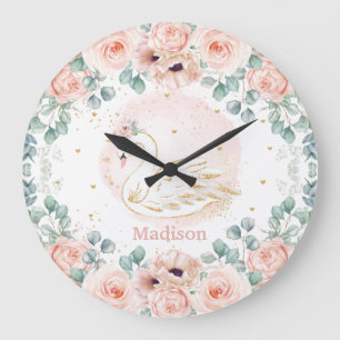 Chic Swan Princess Blush Poppy Floral Girl Bedroom Large Clock