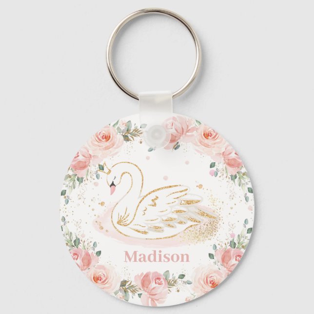 Chic Swan Princess Pastel Blush Floral Gold   Key Ring (Front)