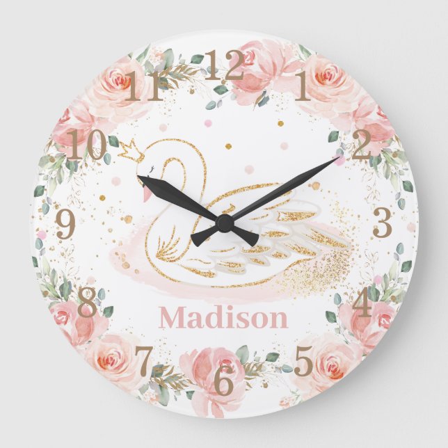 Chic Swan Princess Pastel Blush Floral Gold    Large Clock (Front)
