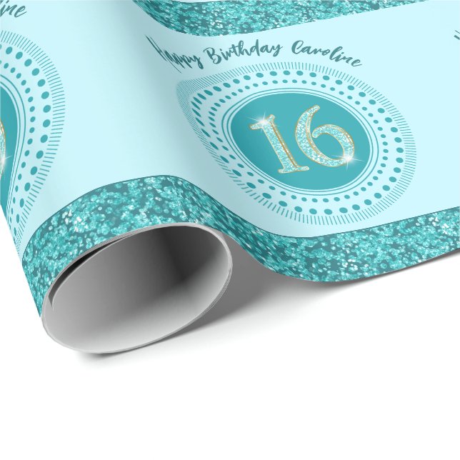 Chic Sweet 16 Birthday, Teal Blue Glitter & Stripe Wrapping Paper (Roll Corner)