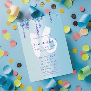 Chic Sweet 16 Blue & Glitter Drips Birthday Invitation