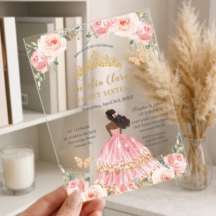Chic Sweet 16 Blush Pink Floral Brown Princess Acrylic Invitations