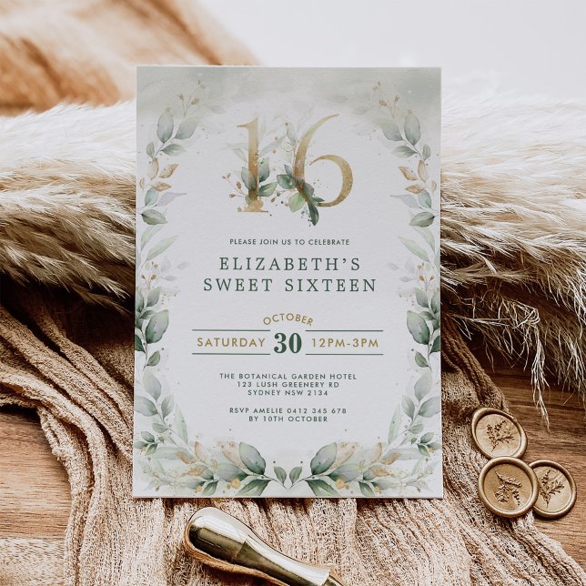 Chic Sweet 16 Botanical Greenery Gold Birthday Invitation (Creator Uploaded)
