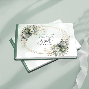 Chic Sweet 16 dusty green sage botanical gold gues Guest Book