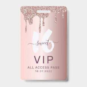 Chic Sweet 16 Glitter Pink VIP Birthday Invitation ID Badge